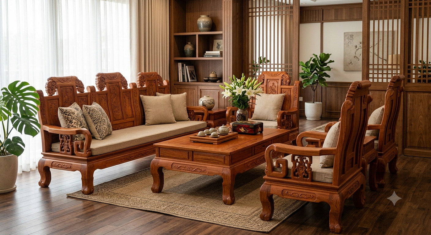 Khám phá đặc điểm nổi bật của salon gỗ phòng khách